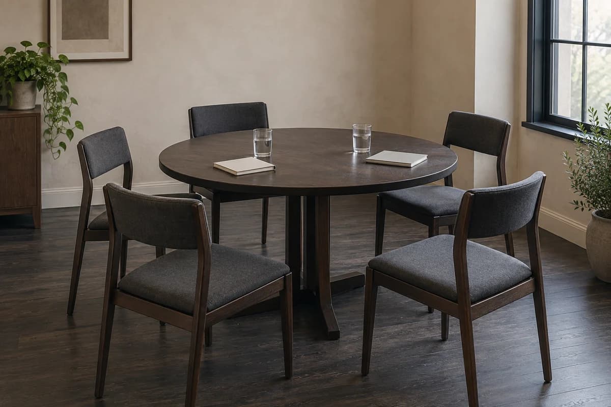 An imagined room with an empty table and five chairs.